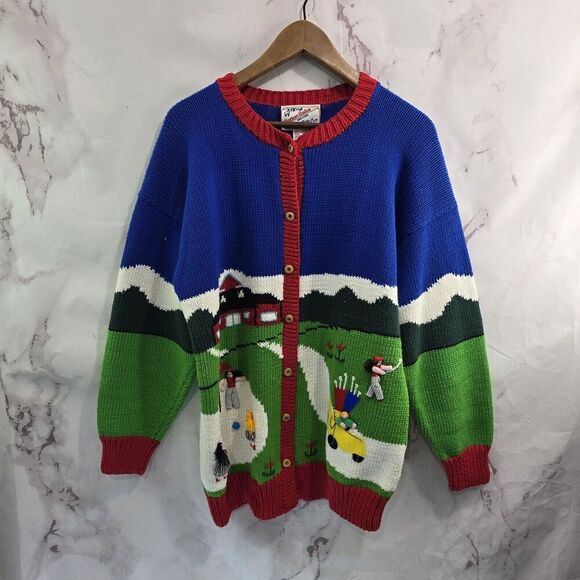 Vintage Sweater Mens Large Womens XL Cardigan Golf Golfing Peru Cotton Salsa - Picture 1 of 12